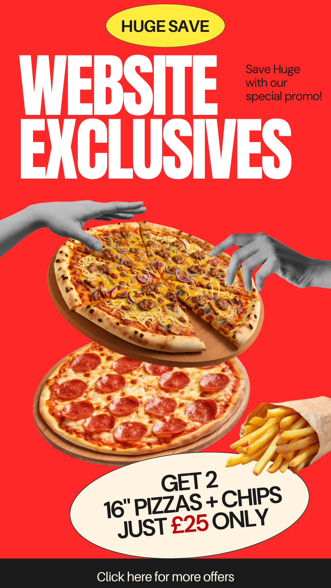 Promotional advertisement for a pizza offer with two pizzas and chips on a red background.